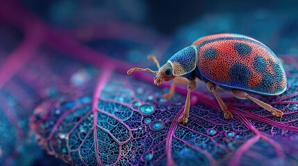 Ladybug inside neon Zentangle leaf glowing softly, detailed macro close-up capturing insect detail and surreal luminous botanical pattern