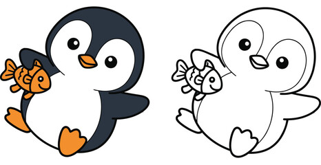 Adorable Cartoon Penguin Holding a Fish - Cute Animal Character for Kids Design and Coloring Books