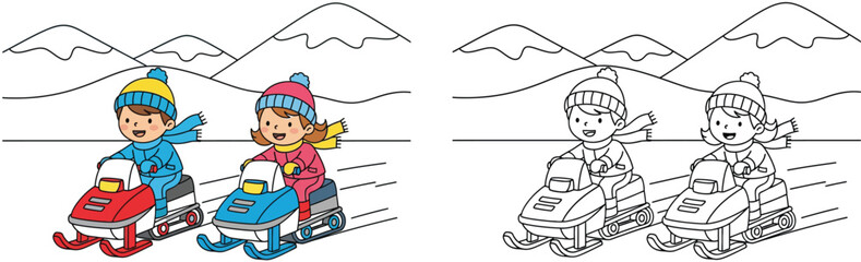 Coloring book page for kids with color reference. Vector illustration of happy boy and girl riding snowmobiles in winter snowy landscape. Cartoon character outline for educational activity.