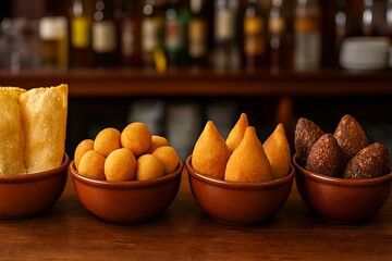 Assortment of brazilian finger foods served in rustic bowls.