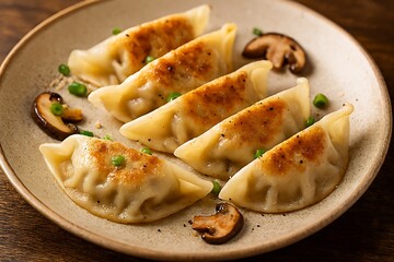 Golden brown pan fried dumplings with mushrooms and peas.
