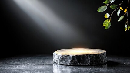 A rustic wooden slice podium sits on a dark textured surface, illuminated by a dramatic spotlight, with green leaves in the upper right corner.