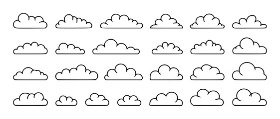 Collection of Simple Outline Cloud Icons on White Background