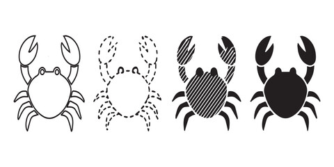 Four crab illustrations in different styles: outline, dotted, hatched, and solid black.