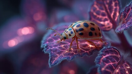 Ladybug inside neon Zentangle leaf glowing softly, detailed macro close-up capturing insect detail and surreal luminous botanical pattern