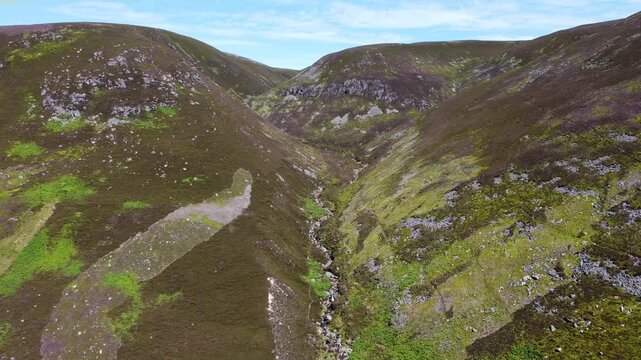 Aerial view of rolling hills densely covered with vegetation, displaying a rich tapestry of textures and colors, Brechin, Scotland, United Kingdom.
