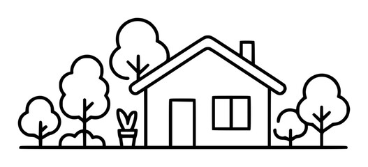 Simple Line Art Illustration of a House Surrounded by Trees and a Potted Plant