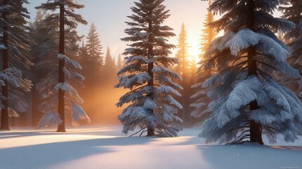 Winter Forest Sunrise – Snow-Covered Pines in Golden Morning Light
