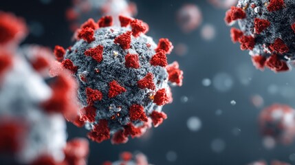 Microscopic view of coronavirus particles with red spikes on a dark background.