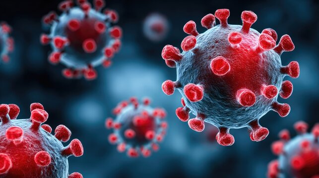 Microscopic view of red virus particles on a dark blue background.