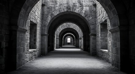 Obraz premium Stone Archway Corridor in Historic Fortress with Repeating Arches and Natural Lighting