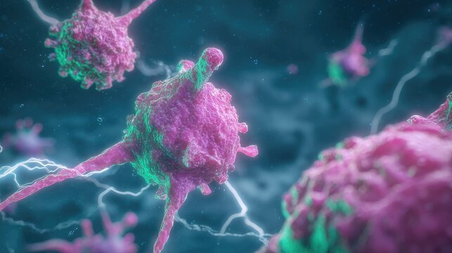 Microscopic view of pink and green biological cells in a cellular environment. - Powered by Adobe