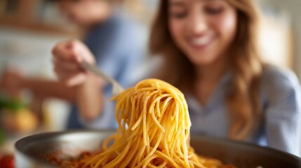 In a warm and inviting kitchen, a young couple joyfully prepares spaghetti, sharing smiles and love as they cook their favorite meal. The aroma of delicious food fills the air