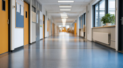 A modern school hallway with CCTV cameras, access-controlled doors, and bright emergency signage — integrated security systems, surveillance technology, and safe learning environment. cinematic