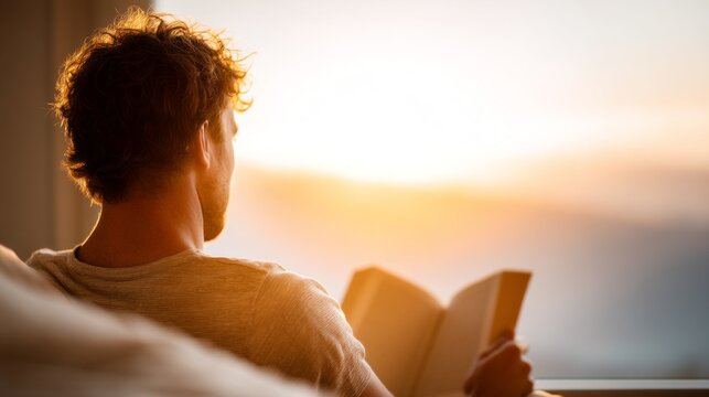 In a warm and inviting setting, a young man sits comfortably near a window, reading a book as soft sunlight pours in. He gazes thoughtfully at the horizon, lost in the story