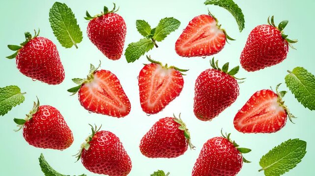 Fresh strawberries and mint leaves falling in a dynamic motion