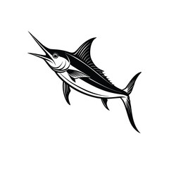 Black and white stylized marlin fish illustration isolated on white background