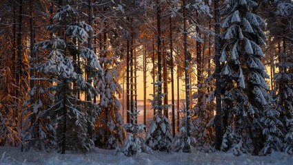 Winter Forest Sunrise – Snow-Covered Pines in Golden Morning Light
