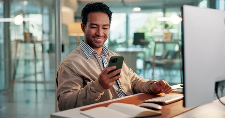 Phone, glasses and businessman in office with networking, communication or email on mobile app. Cellphone, computer and male person with contact, texting or social media on break in workplace. - Powered by Adobe