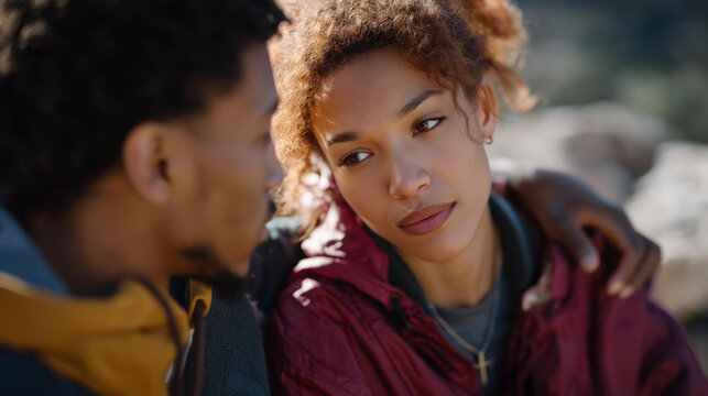 A friend reaches out to rest a comforting hand on another’s shoulder during a difficult conversation in a park — the sunlight catching their expressions of empathy and concern. Their eyes meet with - Powered by Adobe