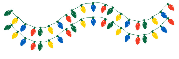 Glowing colorful vector christmas hanging bulbs or lights in seamless pattern on white background