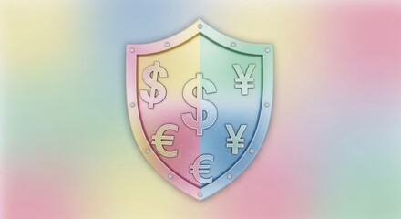 Financial security shield displaying global currencies on a pastel background representing