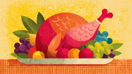 Colorful stylized Thanksgiving turkey illustration with bright fruits and vibrant textures, representing a festive holiday feast in a cheerful, artistic design