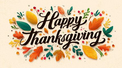 Festive Thanksgiving illustration with pumpkins, leaves and seasonal decorations surrounding a warm holiday message. Colorful autumn elements create a cheerful and celebratory greeting ideal