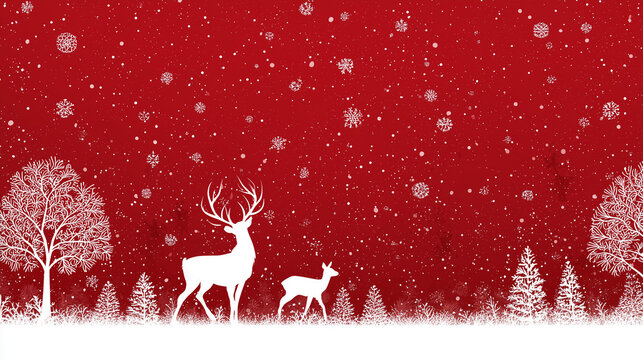 Cen&aacute;rio natalino em vermelho com renas e &aacute;rvores brancas sob neve, ideal para cart&otilde;es, convites, decora&ccedil;&atilde;o digital e artes tem&aacute;ticas de Natal