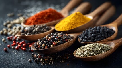 Vibrant Array of Aromatic Spices and Peppercorns in Wooden Spoons on a Dark Background