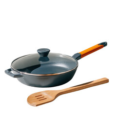 Frying pan with wooden spoon isolated on transparent background