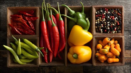 A Colorful Harvest of Fresh and Dried Peppers with Aromatic Spices