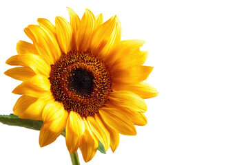 Fototapeta premium Close-up of a vibrant sunflower, golden yellow petals radiate outward from a dark brown center. Dark background isolates the flower