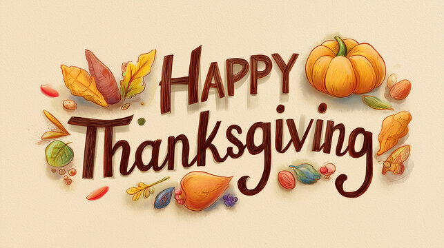 Bright Thanksgiving artwork featuring cheerful pumpkins, foliage and hand-drawn lettering set against a warm seasonal palette. A joyful and inviting holiday composition perfect for greeting cards