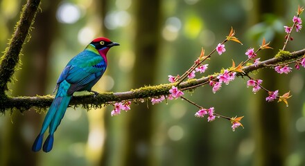 A colorful bird perched on a branch with pink blossoms in a lush green forest