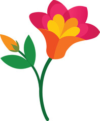 Stylized colorful flower and bud with green leaves isolated on white background