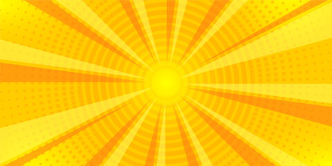 Fototapeta premium Bright Summer Yellow Sunburst Comic Background with Radial Halftone Dots