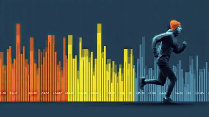 A pixelated silhouette of a person running against a backdrop of a colorful digital bar graph representing data and progress.