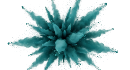 Teal colored powder explosion frozen in motion against a dark background isolated on a transparent background