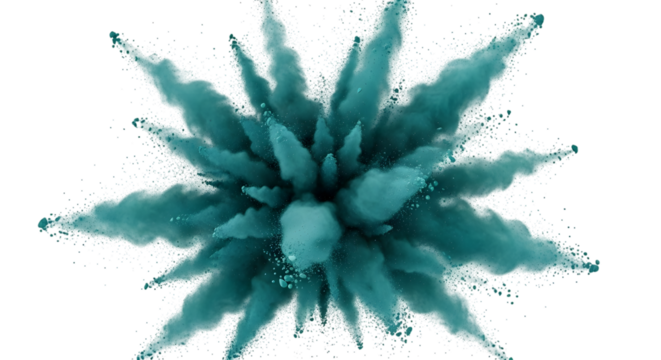 Teal colored powder explosion frozen in motion against a dark background isolated on a transparent background