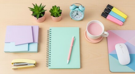 Pastel workspace arrangement with mint notepad, stationary supplies and plant decoration providing