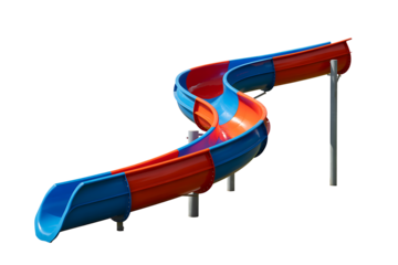 Colorful water slide in aqua park isolated on transparent background cutout, blue and red plastic tubes, summer fun attraction