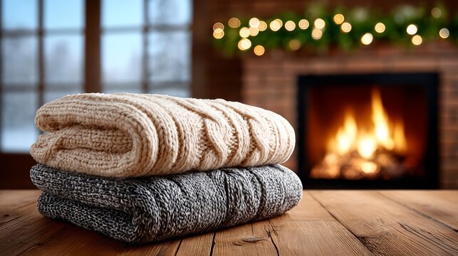 Cozy scene featuring two knitted blankets stacked on a wooden table, with a warm fireplace glowing in the background, creating a comforting winter atmosphere