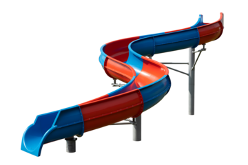 Colorful water slide in aqua park isolated on transparent background cutout, blue and red plastic tubes, summer fun attraction