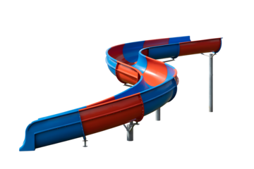 Colorful water slide in aqua park isolated on transparent background cutout, blue and red plastic tubes, summer fun attraction