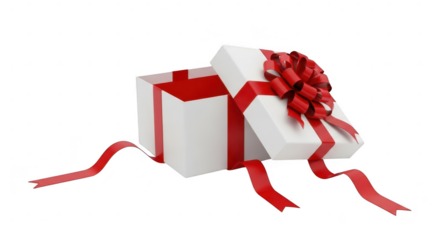 Open white gift box with red ribbon isolated on transparent background