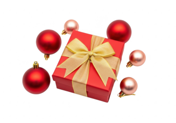 Red gift box with christmas ornaments isolated on transparent background