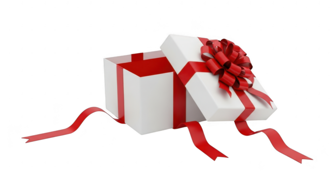 Open white gift box with red ribbon isolated on transparent background - Powered by Adobe
