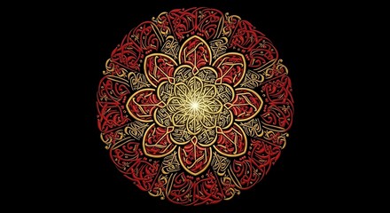 Intricate red and gold mandala with floral design against a black backdrop