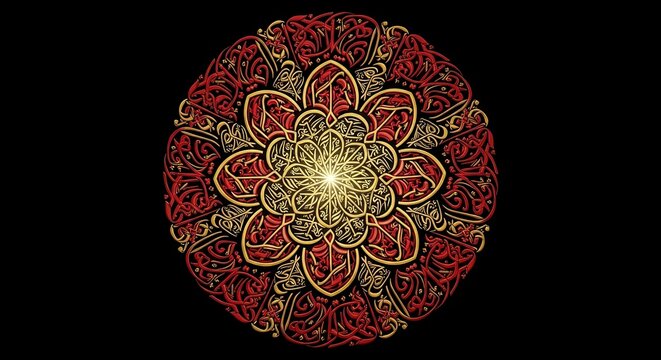 Intricate red and gold mandala with floral design against a black backdrop